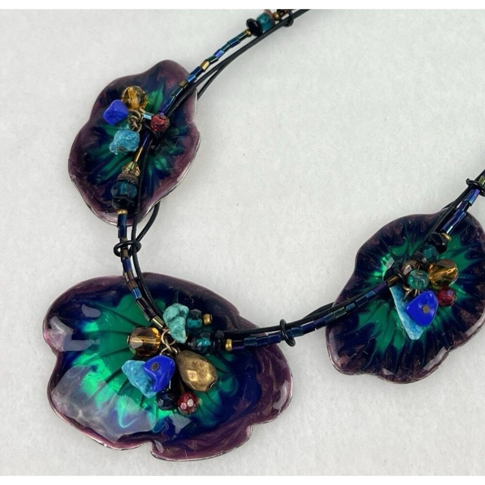 Iridescent Purple Teal enamel Necklace Stones Chain Boho Chic 11in